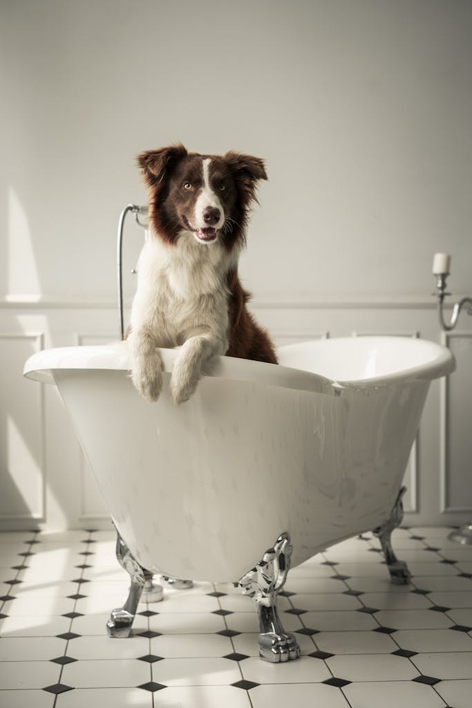 Cute Border Collie playfully standing in an elegant white clawfoot bathtub.